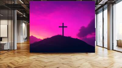 Symbolizing love, faith, and salvation, a cross stands tall on a hilltop symbolizing love faith and salvation; in the foreground, Jesus Christ with open arms. Wall mural