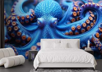 The blue octopus in vintage style modern art was isolated on a white background. Wall mural