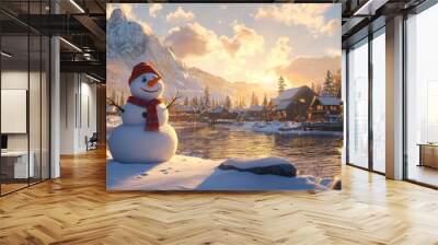 The happy snowman is posed with a red hat and scarf against a snowy winter landscape at sunset, ideal for holiday or winter-themed designs. Wall mural