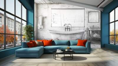 The interior design blueprint sketch is painted on the background of a real space showing the bathroom. This shows the before and after concept, the architect designer's creative process. Wall mural