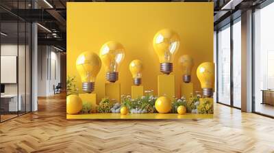 The outstanding light bulb among a group of yellow bulbs painted on a yellow background. Wall mural