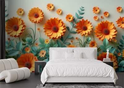 The summer border with paper cut fantasy flowers, leaves, stems isolated on light background is a 3D style floral spring background in bright colors. Modern illustration of nature origami in summer. Wall mural