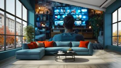 The young man is changing television channels with the remote control while sitting on a sofa Wall mural