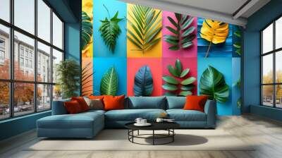 this collage set contains tropical leaves and geometric shapes, abstract pastel scandinavian art des Wall mural