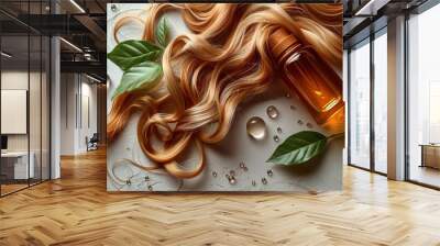 This illustration illustrates hair care cosmetics with long blonde hair flowing beside a bottle of oil with droplets and green leaves. Wall mural