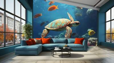 Turtle with colorful fish and animals in the sea surrounded by colorful coral underwater in the ocean | Stock Photo Wall mural