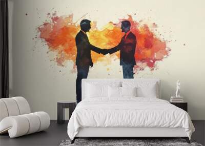 two silhouetted figures shaking hands against a backdrop of bright and abstract watercolor splashes. The contrast between dark silhouettes and bright colors creates a dynamic and energetic mood Wall mural