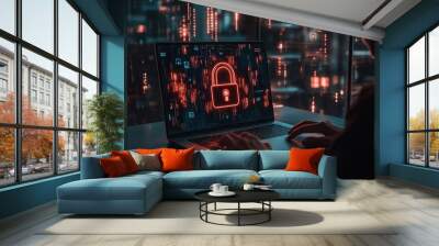 Typing on laptop with security lock screen display Wall mural