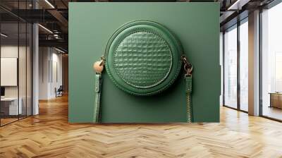 Various green purse coins on a green background. Top view. Wall mural