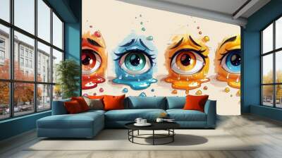 Weeping emoji collection featuring doodle eyes with tears and puddles. Wall mural