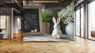 white bunny next to chalkboard and flower pot on rustic wooden background, perfect for Easter or spring theme Wall mural