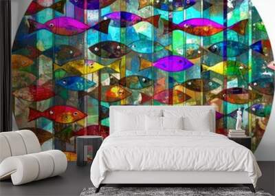 Window with fish and other shapes made of stained glass Wall mural