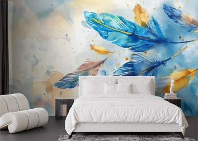 With a dreamy atmosphere and soft lighting, this oil watercolor illustration of elegant feathers in shades of blue and gold would be a beautiful wall decoration Wall mural