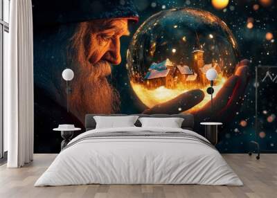 With a snowy backdrop, Saint Nicholas holds a magic ball in his hands. Stock photo. Wall mural