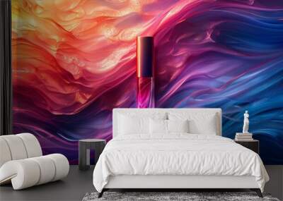 banner that promotes beauty, make-up and cosmetic care. Cosmetics are blank on a wavy skin tone background. Holographic neon multicolor banner. Wall mural