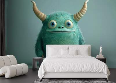 A cute cartoon baby green monster with horns and a big smile. The monster is looking at the camera and he is happy. 3d render style, children cartoon animation style Wall mural