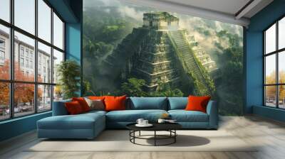 A lush green jungle with a large pyramid in the middle. The pyramid is covered in vines and moss, giving it an ancient and mysterious appearance. The sky is cloudy, adding a sense of mystery Wall mural