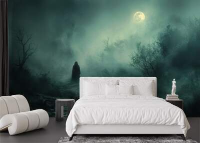 A person is walking through a forest at night, with a large moon in the sky. The atmosphere is eerie and mysterious, with the darkness and fog adding to the sense of unease Wall mural