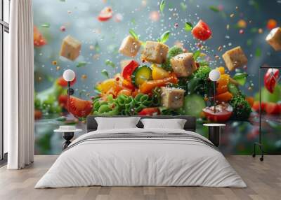 A salad with many different vegetables and pieces of meat Wall mural