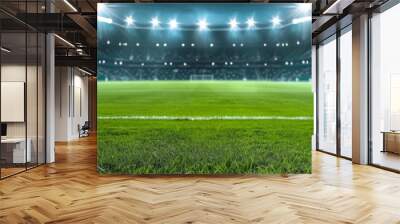 A soccer field with a bright green grass and a few lights in the background Wall mural