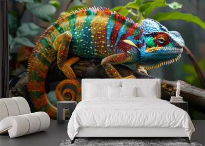 A vividly colored chameleon clings to a branch, its skin a dazzling array of colors, from radiant blues to fiery oranges. Wall mural