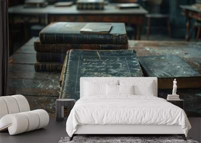 Detailed view of the elements in old schoolrooms, like worn books, chalk, and inkwells, highlighting the textures and atmosphere Wall mural