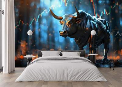 Artistic bronze bull, stock market chart blur, soft blue and orange light, dark forest with bokeh, impressionist style, Wall mural