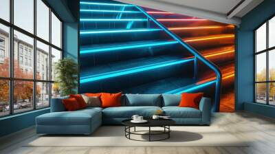 Artistic metal steps illuminated with bright neon blue and orange lights, captured in Wall mural