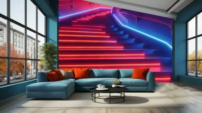 Artistic staircase with dynamic neon red and blue lights, vivid colors in Wall mural