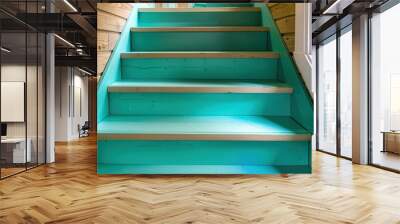 Bold turquoise Scandinavian stairs with natural wood accents, enhancing a modern interior Wall mural