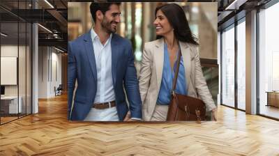 Couple in luxury mall, man holding hand of woman, smiling, walking with brown bag, blue suit, beige blazer, romantic. Wall mural