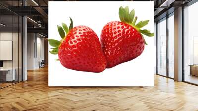 Dance of Nature: Two Vibrant Strawberries Embraced by Green Leaves. Wall mural