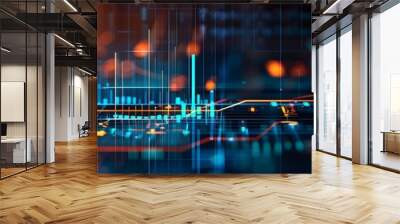 Dynamic financial charts and graphs in blue and orange on an abstract digital background, representing business analytics, Wall mural