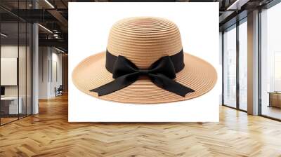 Elegant Straw Sun Hat With Black Ribbon Bow Perfect for Summer Days Outdoors on Transparent PNG Background. Wall mural