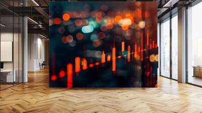 Financial chart close-up, candlestick graph, business background, blurry cityscape view, car wallpaper, Wall mural