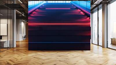 Futuristic staircase with alternating red and blue RGB lights, enhancing the sleek and contemporary design. Wall mural