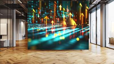 Glowing arrows on digital background, rising chart, financial data, business growth concept, abstract technology, Wall mural