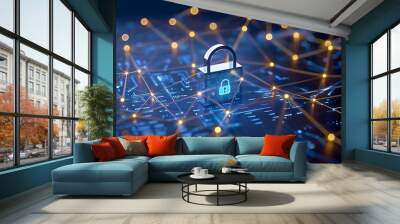 Glowing network icon and digital padlock on blue background, data protection for business security technology, Wall mural