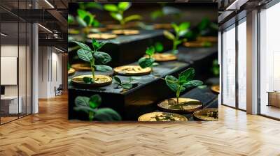 Green plants growing on golden coins, steps, dark background, business success concept, Wall mural