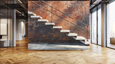 Industrial-style staircase with concrete steps, steel railings, and a rustic brown wall for a cozy, urban feel. Wall mural