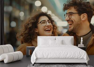 Laughing couple with brown curly hair, man in glasses, stylish mall shopping, walking and enjoying their day together. Wall mural