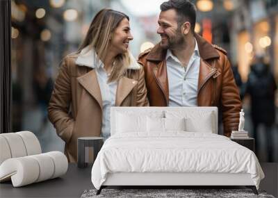 Smiling couple, city center walk, holding hands, Valentine's Day, brown leather coat, white shirt, warm tone, romantic mood, blurred background, copy space. Wall mural