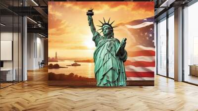 statue of liberty city with American flag  Wall mural