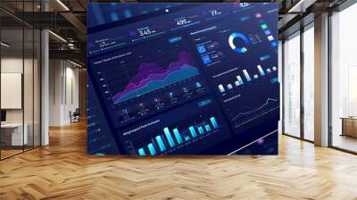 Virtual interface displaying financial data and marketing analytics, modern business dashboard with social media charts, dark blue background, Wall mural