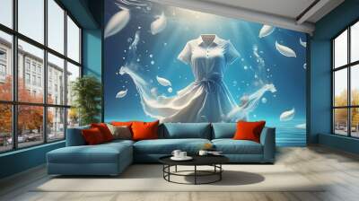 cleaning clothes washing machine or detergent liquid commercial advertisement style with floating shirt and dress underwater Wall mural