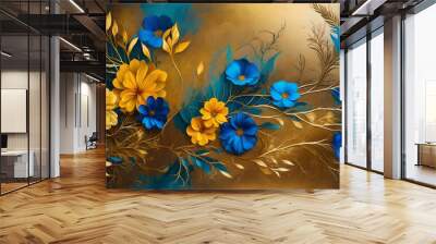 eggs and flowers on blue background Wall mural