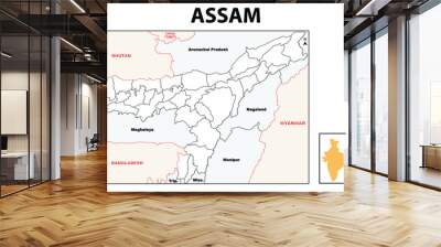 Assam map. Political and administrative map of Assam with districts name. Showing International and State boundary and district boundary of Assam. Vector illustration of districts map. Wall mural