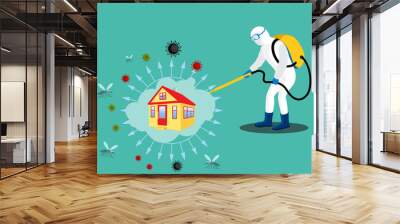 Sanitizing & Disinfectant an office for covid-19 virus corona virus and insects. Human corrector of doing pest control at offices and home.  Sanitize office and home vector illustration. Wall mural