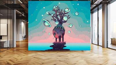 Hand drawn abstract mystery tree on the moon in deep space. Wall mural