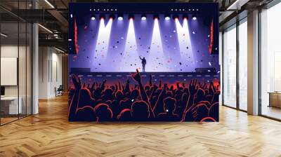 Colorful illustration of a concert crowd with hands up, stage lights, and confetti. Wall mural